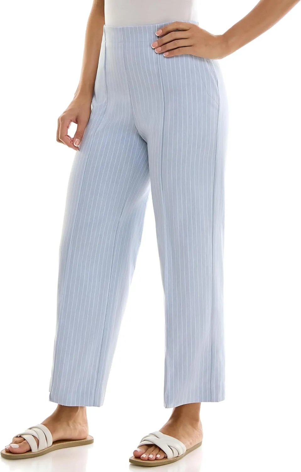 Zac & Rachel Women's Wide Leg Ankle Length Pull On Pant with Fucntional Pockets, Waist Button Detail   Front Stitch Seam