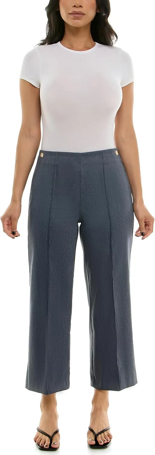 Zac & Rachel Women's Wide Leg Ankle Length Pull On Pant with Fucntional Pockets, Waist Button Detail   Front Stitch Seam