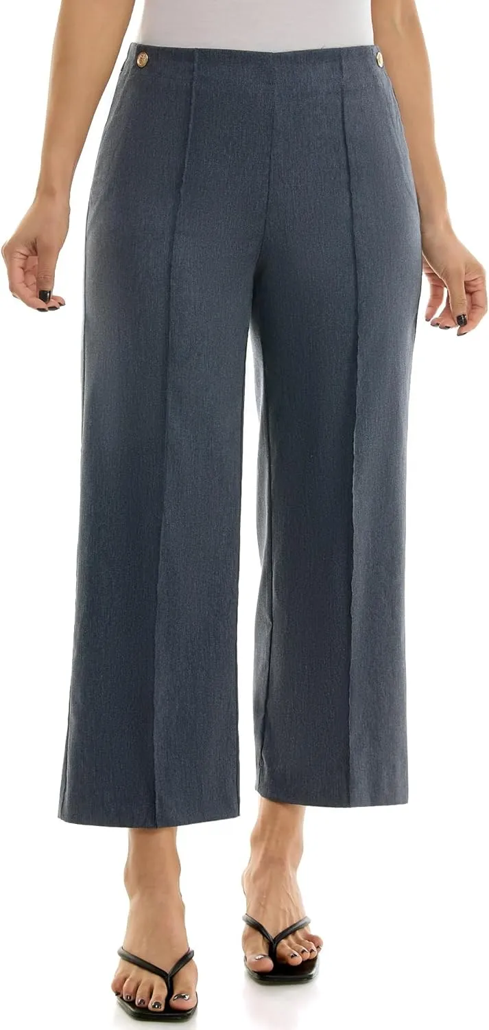 Zac & Rachel Women's Wide Leg Ankle Length Pull On Pant with Fucntional Pockets, Waist Button Detail   Front Stitch Seam