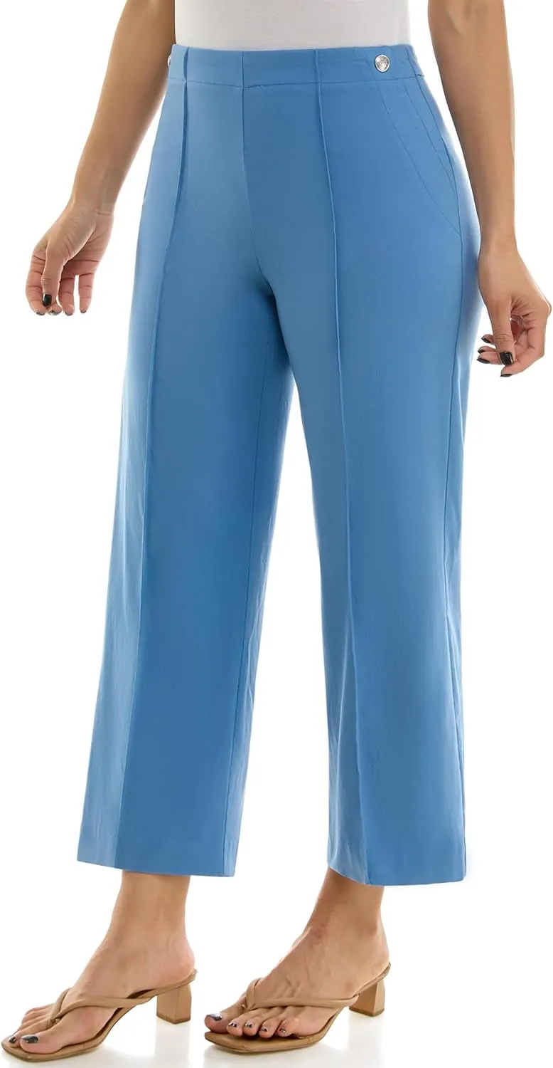 Zac & Rachel Women's Wide Leg Ankle Length Pull On Pant with Fucntional Pockets, Waist Button Detail   Front Stitch Seam