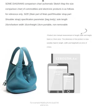 ZengSong Color Matching Vegetable Basket Bag Leather Bucket Bag Lychee Grain First Layer Cowhide Simple and Versatile Handbag(Brown)