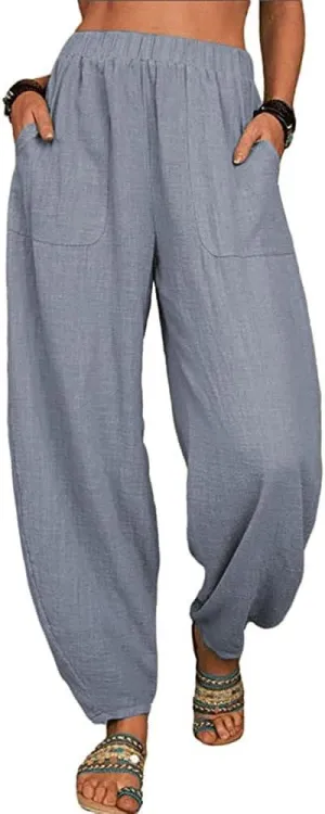 ZOCAVIA Women's Cotton Linen Harem Pants Casual Loose Fit Elastic High Waist Pants Lightweight Baggy Linen Wide Leg Trousers