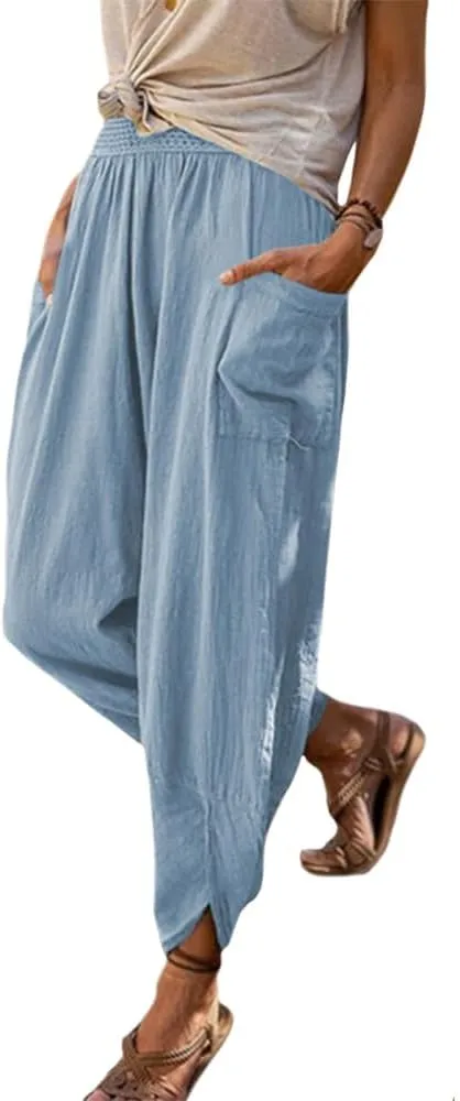 ZOCAVIA Women's Linen Harem Pants Casual Loose High Waisted Pants Smocked Beach Pants Trousers Jogger Yoga Pants with Pockets