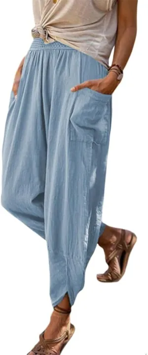 ZOCAVIA Women's Linen Harem Pants Casual Loose High Waisted Pants Smocked Beach Pants Trousers Jogger Yoga Pants with Pockets