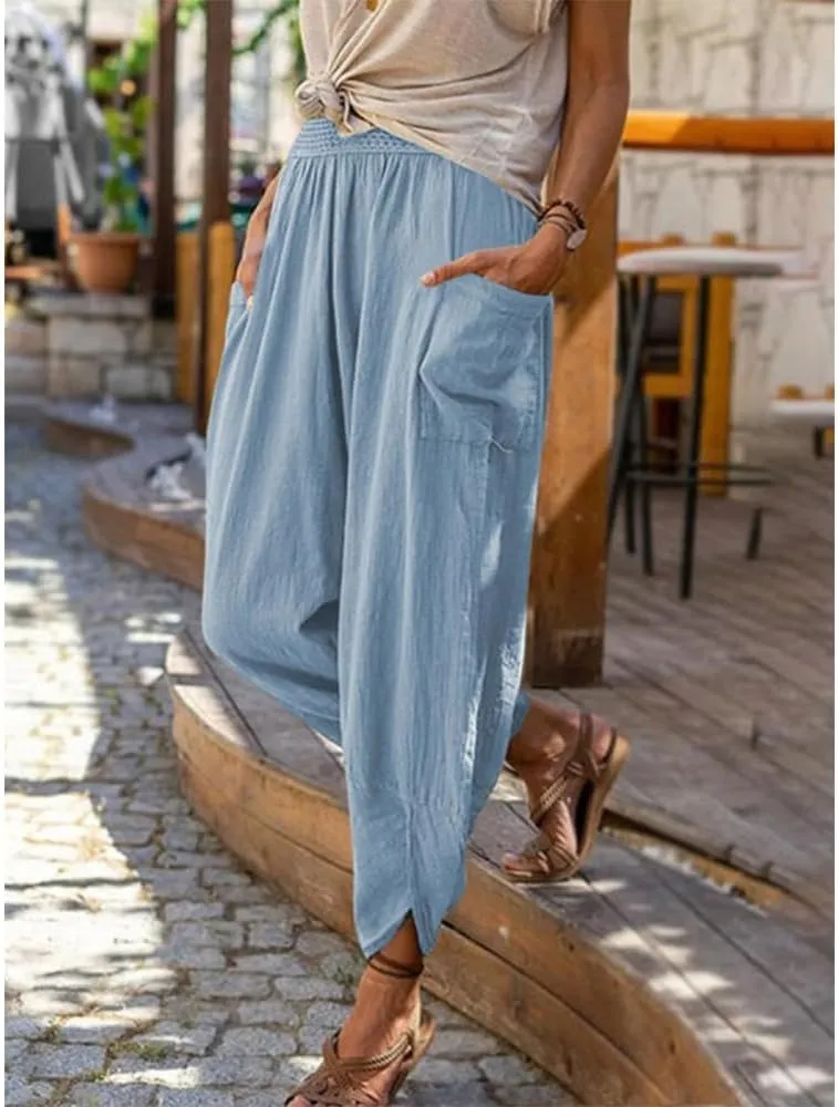 ZOCAVIA Women's Linen Harem Pants Casual Loose High Waisted Pants Smocked Beach Pants Trousers Jogger Yoga Pants with Pockets