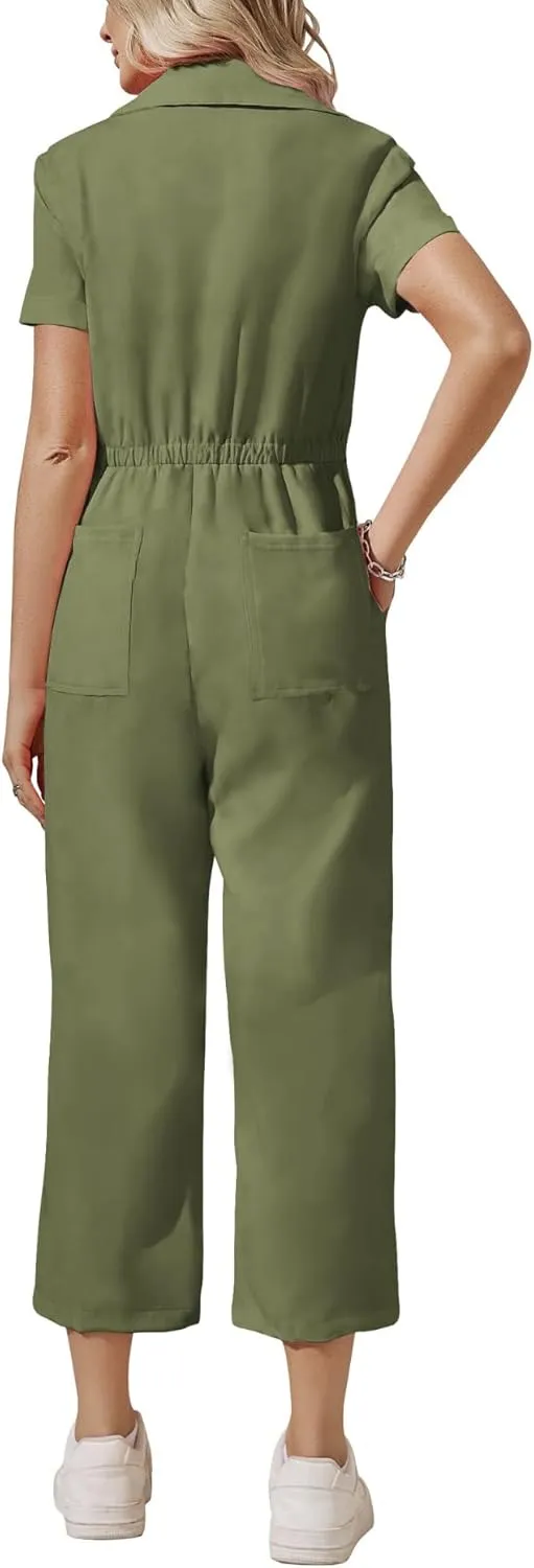 Zwurew Women's Short Sleeve Jumpsuits Love Heart Graphic Zip Up Long Pants Romper with Pockets