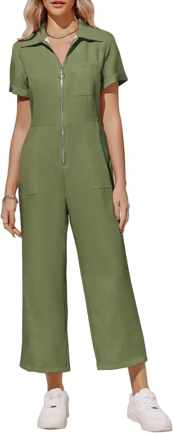 Zwurew Women's Short Sleeve Jumpsuits Love Heart Graphic Zip Up Long Pants Romper with Pockets