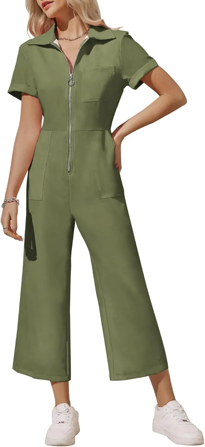 Zwurew Women's Short Sleeve Jumpsuits Love Heart Graphic Zip Up Long Pants Romper with Pockets