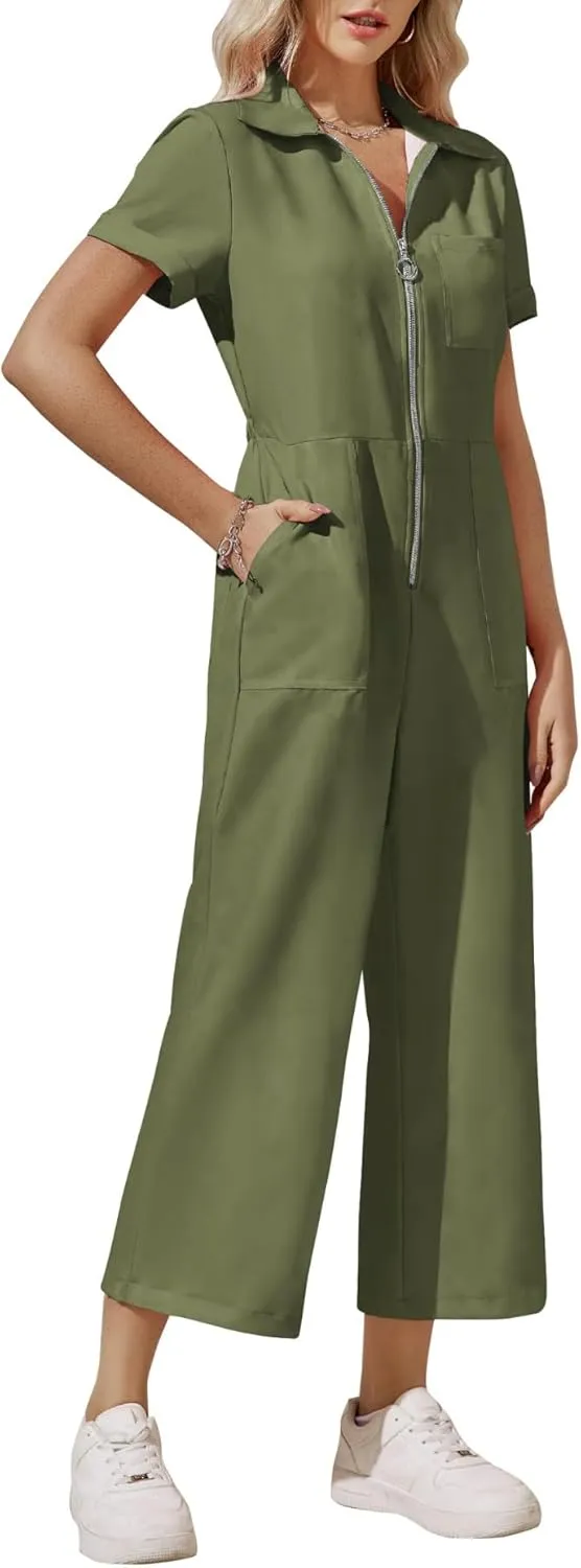 Zwurew Women's Short Sleeve Jumpsuits Love Heart Graphic Zip Up Long Pants Romper with Pockets