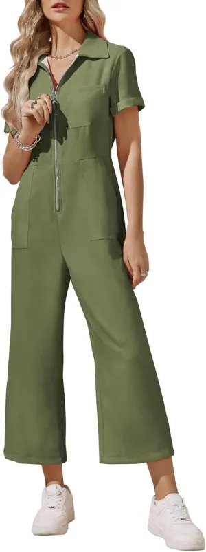 Zwurew Women's Short Sleeve Jumpsuits Love Heart Graphic Zip Up Long Pants Romper with Pockets